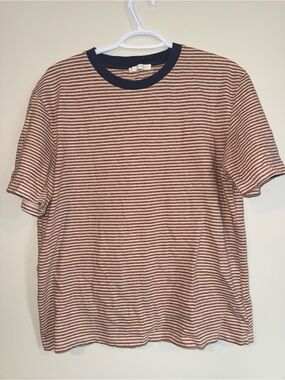 Zara Striped Crewneck Tee in Rust and White with Navy Trim